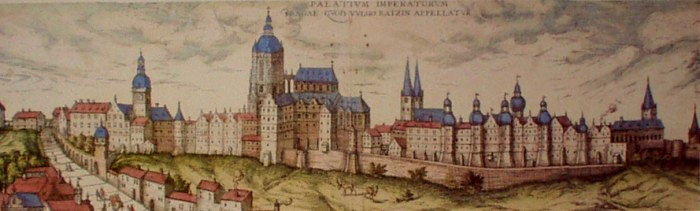 Prague Castle -  The reproduction of a coloured copperplate about the year 1595.